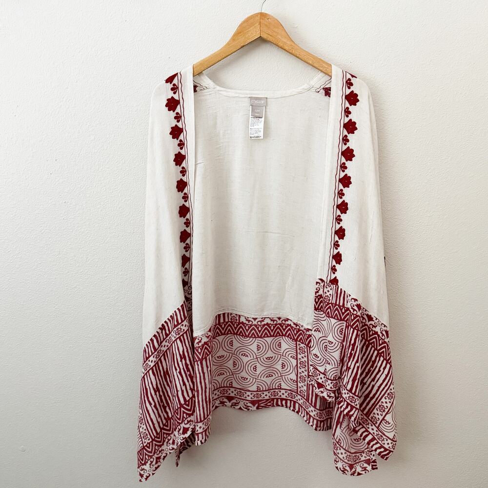 CHICO’S | White Red Embroidered Boho Print Open Front Vest Kimono | Small Medium - Picture 2 of 8